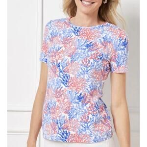 Talbots Womens Size LP Coral Blue White Print Short Sleeve Tee Top Cotton Blend